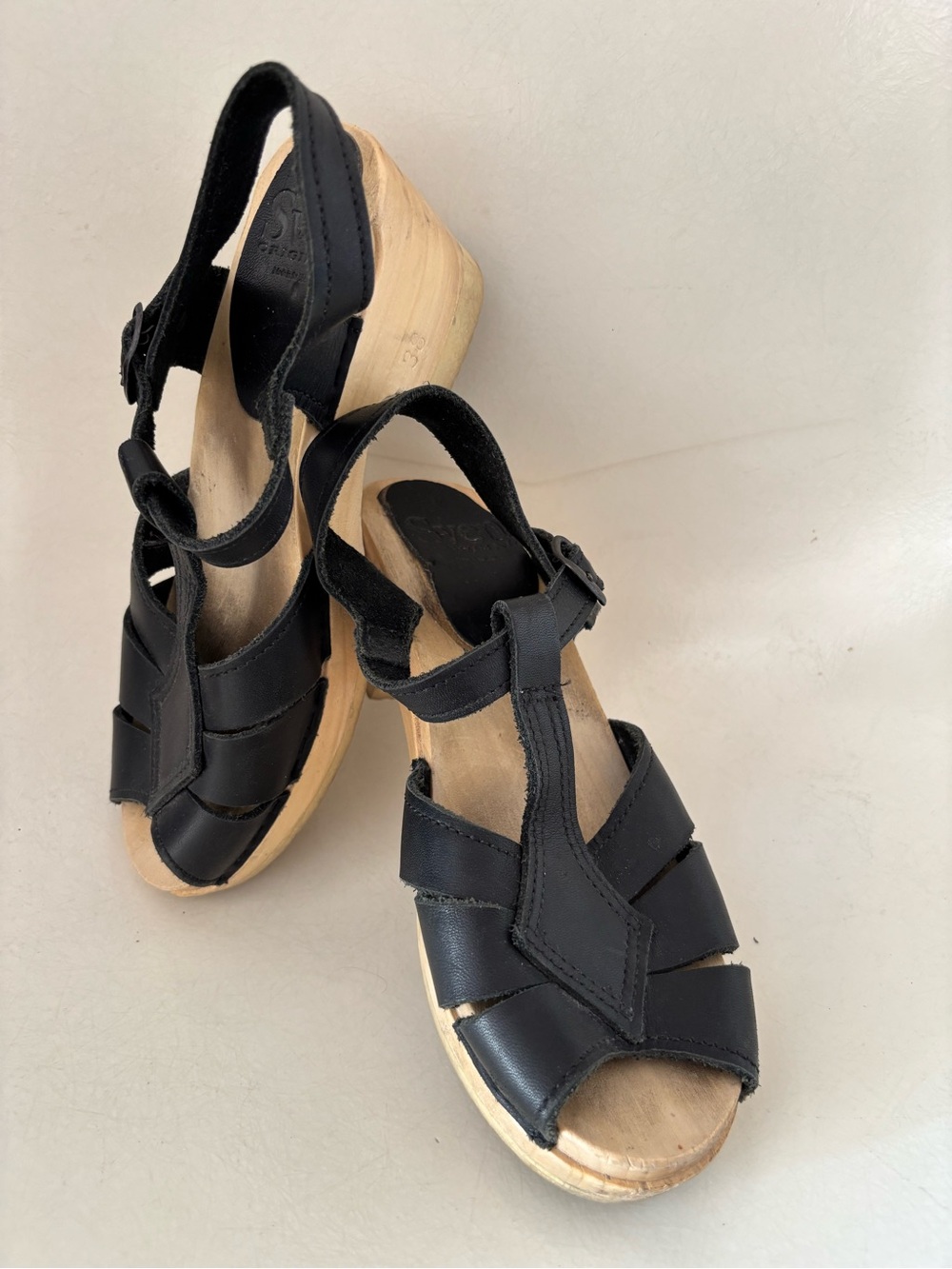 Sven Original Black Leather Diamond T-Strap Wooden Clogs - Women
